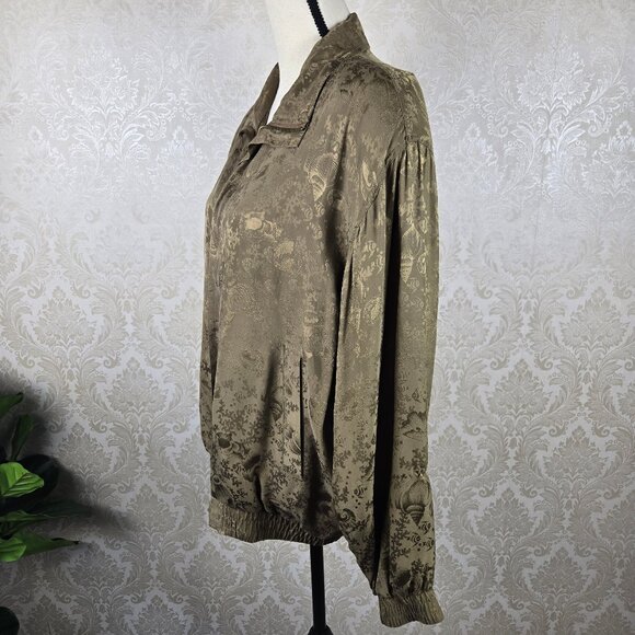 FUDA International Sz Large Olive Green 100% Silk Bomber Jacket Seashell Pattern - Picture 6 of 14